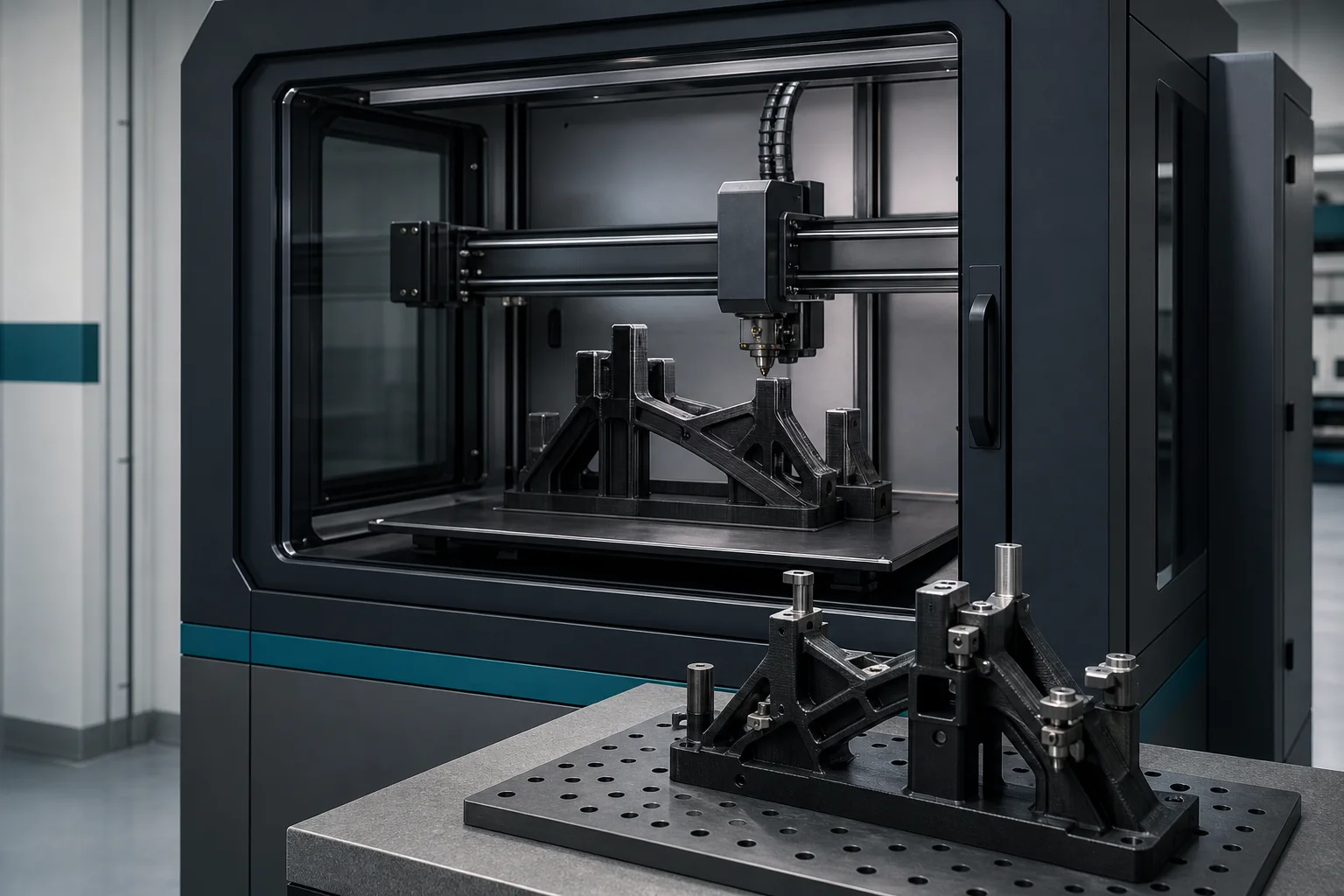 Industrielle FDM-Anlage bei der Fertigung einer faserverstärkten Produktionsvorrichtung