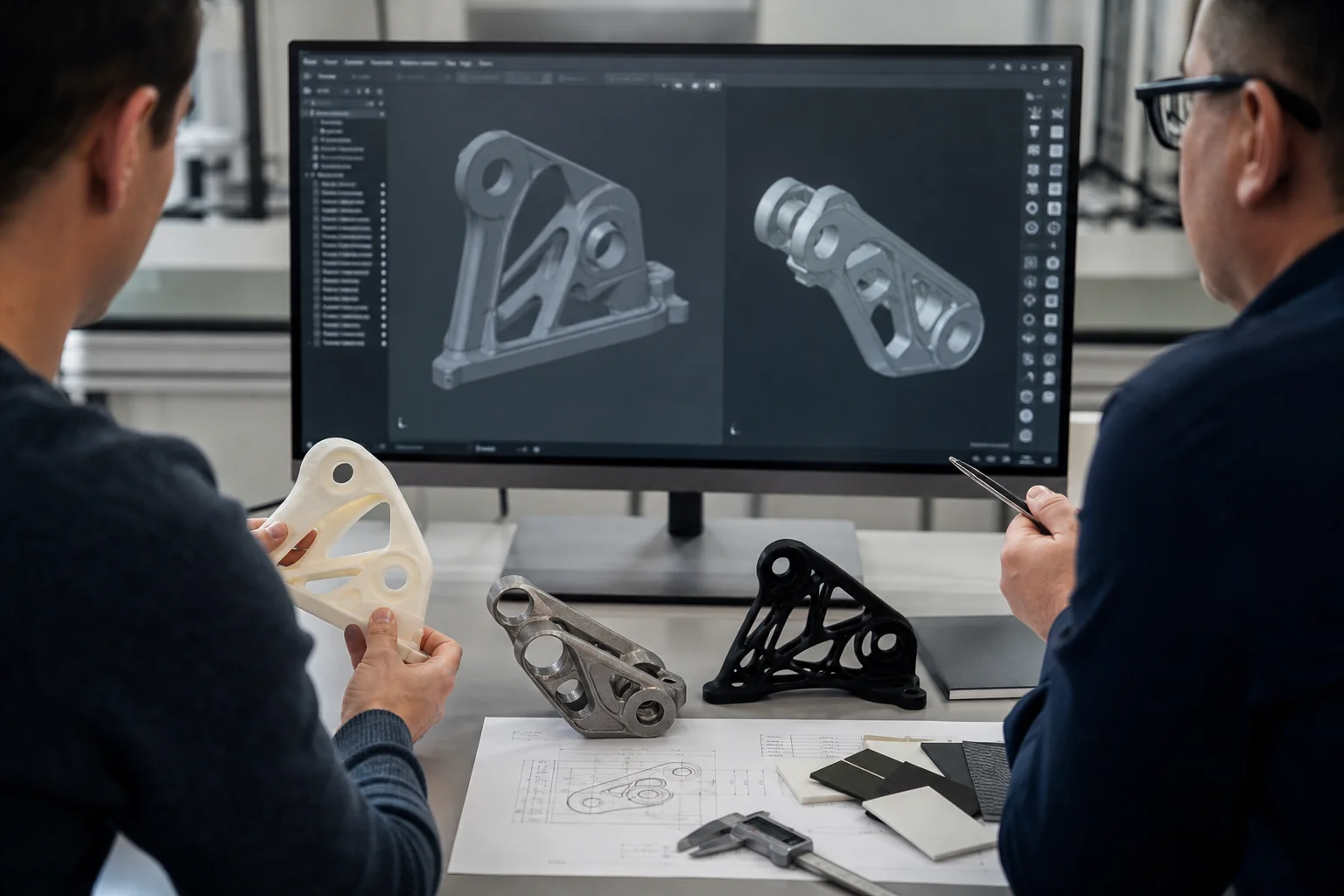 Engineering-Review mit CAD-Modell sowie additiv gefertigten Polymer- und Metallbauteilen
