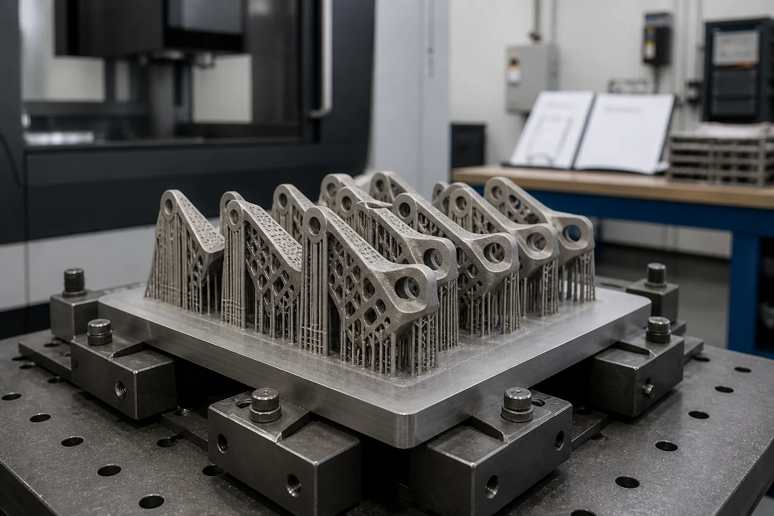 Metallische Gitterbauteile mit Stützstrukturen vor der industriellen Nachbearbeitung